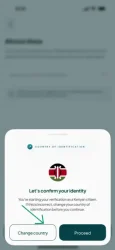 KYC verification country selection prompting users to confirm or change their country of residence.