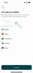 KYC verification country search screen for selecting a country on the Hizo app.
